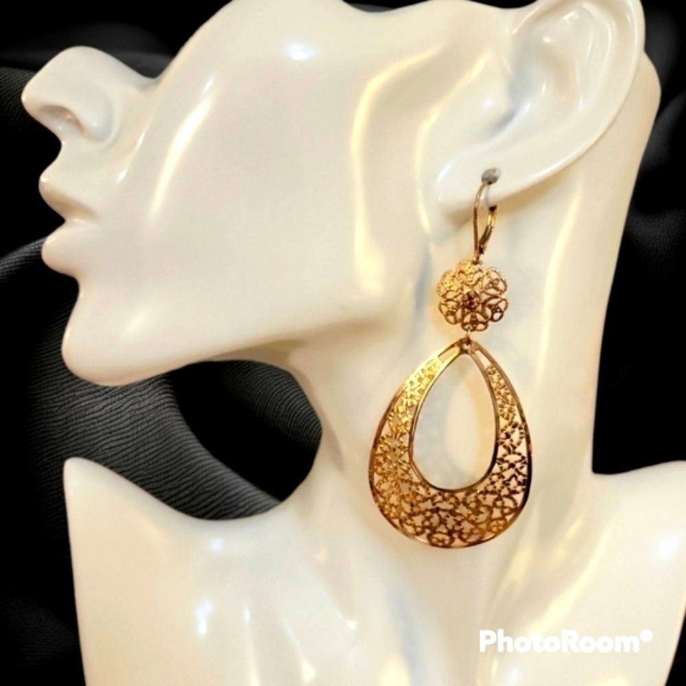 3/$30 Jumbo Goldtone Filigree Creole Teardrop Flamenco Dangle Earrings